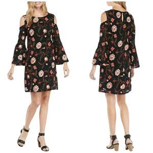 Luxology Dress Size 12 Floral Embroidered Cold Shoulder Black Red Boho Chic NEW